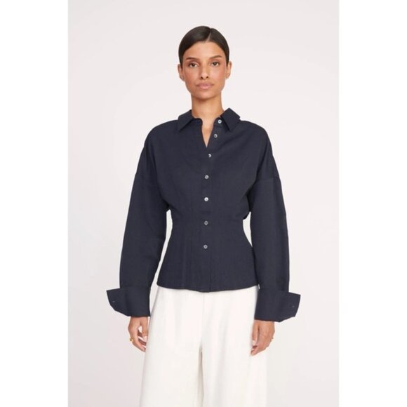 Staud NWOT Ophelia Button Up Top Size M Navy Blue Cotton Blend Academia Office - Picture 1 of 5